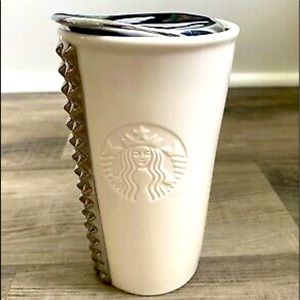 Limited Edition STARBUCKS CERAMIC TUMBLER WITH LID WHITE WITH SILVER STUDS 2014
